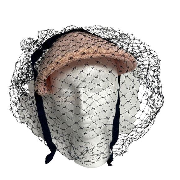 Vintage Wilshire Pink Sequined Thread Hat with Navy Blue Veil Circa 1940s - Picture 1 of 12